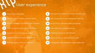 1
2
3
4
5
6
7
8
9
14
11
12
13
10
One-Click join for Infinity Connect clients
Infinity Connect for Microsoft® Edge browsers
More comprehensive branding and themes
Support for Lync® Response Groups
Updates to Host and Guest PIN behavior
Mute all Guests in Virtual Auditoriums™
Pexip Fusion technology Participant role behavior for Infinity Connect users
New functionality for pre-configured invite URLs
Send DTMF to manually dialed participants
Last conference participant timeout
Additional options for ADP behavior
Auto-mute mic for Infinity Connect users
Configurable audio escalation of Lync audio calls
User experience
 