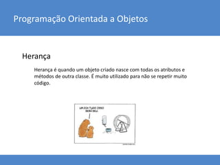 Herança
Programação Orientada a Objetos
Herança é quando um objeto criado nasce com todas os atributos e
métodos de outra classe. É muito utilizado para não se repetir muito
código.
 