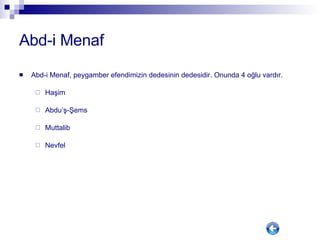 Abd-i Menaf Abd-i Menaf, peygamber efendimizin dedesinin dedesidir. Onunda 4 oğlu vardır.  Haşim Abdu’ş-Şems Muttalib Nevfel 
