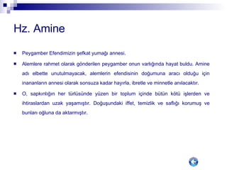 Hz. Amine Peygamber Efendimizin şefkat yumağı annesi.  Alemlere rahmet olarak gönderilen peygamber onun varlığında hayat buldu. Amine adı elbette unutulmayacak, alemlerin efendisinin doğumuna aracı olduğu için inananların annesi olarak sonsuza kadar hayırla, ibretle ve minnetle anılacaktır.  O, sapkınlığın her türlüsünde yüzen bir toplum içinde bütün kötü işlerden ve ihtiraslardan uzak yaşamıştır. Doğuşundaki iffet, temizlik ve saflığı korumuş ve bunları oğluna da aktarmıştır.  