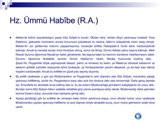 Hz. Ümmü Habîbe (R.A.) Mekke’de küfrün bayraktarlığını yapan Ebû Süfyân’ın kızıdır. Ölüden diriyi, diriden ölüyü çıkarmaya muktedir Yüce Rabbimiz, gelecekte müminlerin annesi konumuna yükselecek bu kadına, İslâm’ın bidayetinde imanı nasip etmişti. Mekke’nin zor şartlarında inancını yaşayamayınca, kocasıyla birlikte Habeşistan’a hicret etme mecburiyetinde kalmıştı. Ancak bu esnada kocası önce Hıristiyan olmuş, sonra da ölmüş, Ümmü Habibe yalnız başına kalmıştı. Allah Resulü durumu öğrenince Necâşi’ye haber göndererek, tek başına kalan bu hanımın kendisine nikahlanmasını istedi. Durumu öğrenince fevkalâde sevinen Ümmü Habibe’nin nikahı, Necâşi huzurunda kıyılmış oldu.  Şayet Hz. Peygamber böyle yapmayacak olsaydı, yalnız ve kimsesiz bu kadın, ya Mekke’ye dönecek babasının ve ailesinin şiddetli zulümleri karşısında dinini bırakacak, ya Hıristiyanlardan yardım dileyecek, ya da kapı kapı dilenip hayatını sürdürecekti. Ancak bu evlilikle en güzel yolu seçmiş oluyordu. Bu evlilik vesilesiyle, o gün için Müslümanların ve Peygamber’in azılı düşmanı olan Ebû Süfyan, inananlara yaptığı işkenceyi hafifletmiş, içinde Hz. Peygamber’e karşı olan azılı kini birazcık dahi olsa dinivermişti. Daha geniş dairede ise, Emevîlerle bir akrabalık te’sis edilmiş oldu ki, bu da onların Müslümanlığa girmelerini kolaylaştıran bir unsur oldu. Bundan sonra Ebû Süfyan hâne-i saâdete rahatlıkla girip çıkma avantajına sahip olarak, Müslümanlığı daha yakından tanıma fırsatını bulup, sonunda iman dairesine girmiş oldu.  Açıkça görüldüğü gibi bu evlilikte de, kimsesiz kalan birinin yardımına koşup, onun elinden tutma, onun vesilesiyle Müslümanlara yapılan işkenceyi hafifletme ve azılı düşman biriyle akrabalık kurup, onun imana gelmesine vesile olma vardır. 