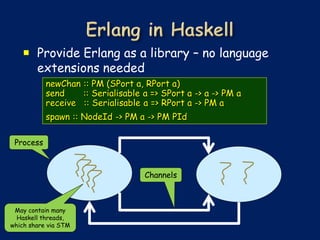  Provide Erlang as a library – no language
     extensions needed
           newChan :: PM (SPort a, RPort a)
           send    :: Serialisable a => SPort a -> a -> PM a
           receive :: Serialisable a => RPort a -> PM a
           spawn :: NodeId -> PM a -> PM PId

 Process



                                   Channels



 May contain many
  Haskell threads,
which share via STM
 
