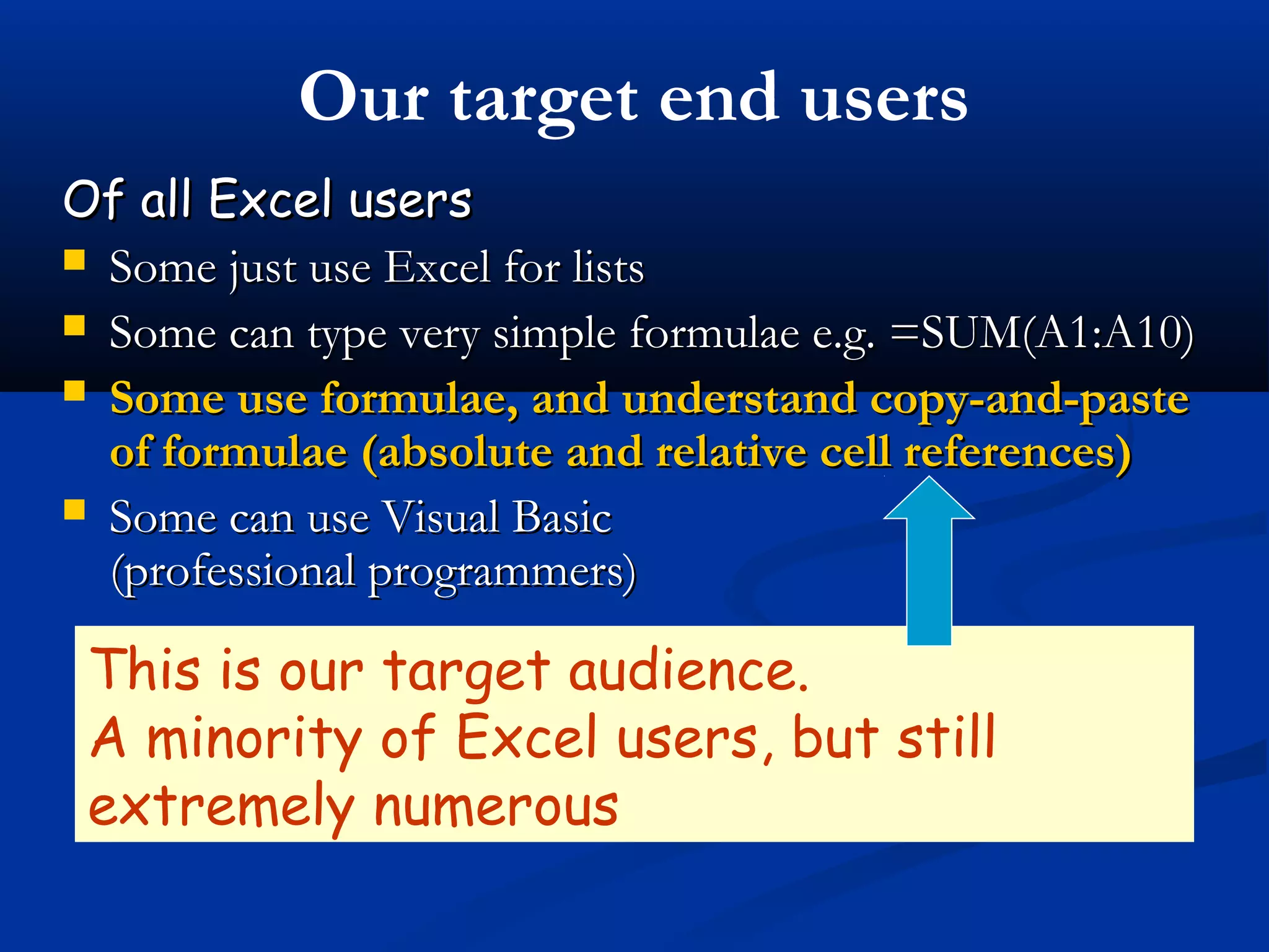 Our target end users
Of all Excel usersOf all Excel users
 Some just use Excel for listsSome just use Excel for lists
 Some can type very simple formulae e.g. =SUM(A1:A10)Some can type very simple formulae e.g. =SUM(A1:A10)
 Some use formulae, and understand copy-and-pasteSome use formulae, and understand copy-and-paste
of formulae (absolute and relative cell references)of formulae (absolute and relative cell references)
 Some can use Visual BasicSome can use Visual Basic
(professional programmers)(professional programmers)
This is our target audience.
A minority of Excel users, but still
extremely numerous
 