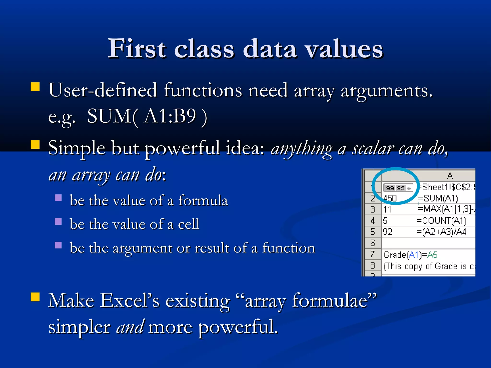 First class data valuesFirst class data values
 User-defined functions need array arguments.User-defined functions need array arguments.
e.g. SUM( A1:B9 )e.g. SUM( A1:B9 )
 Simple but powerful idea:Simple but powerful idea: anything a scalar can do,anything a scalar can do,
an array can doan array can do::
 be the value of a formulabe the value of a formula
 be the value of a cellbe the value of a cell
 be the argument or result of a functionbe the argument or result of a function
 Make Excel’s existing “array formulae”Make Excel’s existing “array formulae”
simplersimpler andand more powerful.more powerful.
 