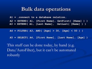 Bulk data operationsBulk data operations
A1 = …connect to a database relation…A1 = …connect to a database relation…
A2 = EXTEND( A1, [First Name], GetFirst( [Name] ) )A2 = EXTEND( A1, [First Name], GetFirst( [Name] ) )
A3 = EXTEND( A1, [Last Name], GetLast( [Name] ) )A3 = EXTEND( A1, [Last Name], GetLast( [Name] ) )
A4 = FILTER( A3, AND( [Age] > 30, [Age] < 50 ) )A4 = FILTER( A3, AND( [Age] > 30, [Age] < 50 ) )
A5 = SELECT( A4, [First Name], [Last Name], [Age] )A5 = SELECT( A4, [First Name], [Last Name], [Age] )
This stuff can be done today, by hand (e.g.
Data/AutoFilter), but it can’t be automated
robustly
 
