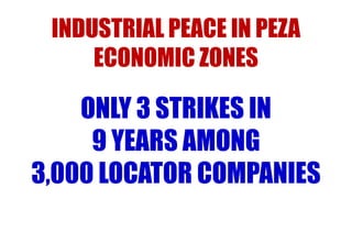 INDUSTRIAL PEACE IN PEZA
ECONOMIC ZONES

ONLY 3 STRIKES IN
9 YEARS AMONG
3,000 LOCATOR COMPANIES

 
