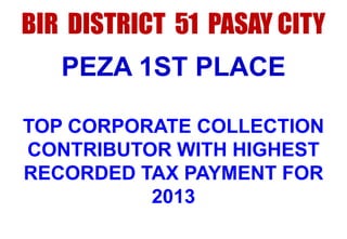 BIR DISTRICT 51 PASAY CITY

PEZA 1ST PLACE
TOP CORPORATE COLLECTION
CONTRIBUTOR WITH HIGHEST
RECORDED TAX PAYMENT FOR
2013

 