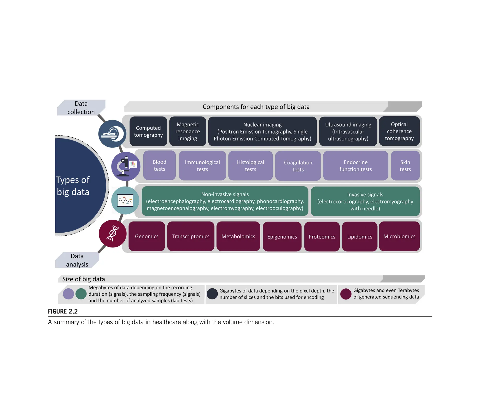 FIGURE 2.2
A summary of the types of big data in healthcare along with the volume dimension.
 