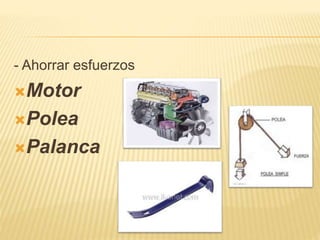 - Ahorrar esfuerzos
Motor
Polea
Palanca