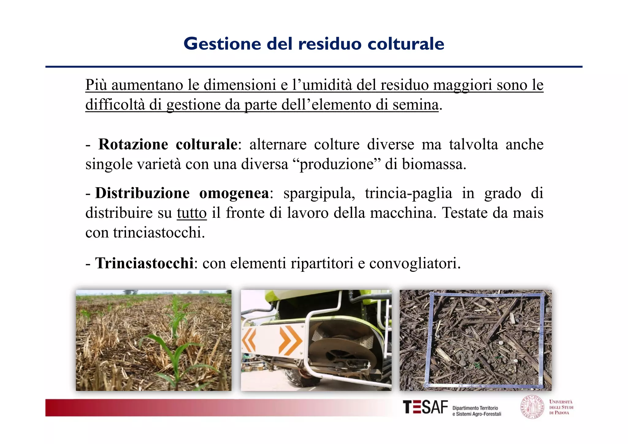 Gestione del residuo colturale
Più aumentano le dimensioni e l’umidità del residuo maggiori sono le
difficoltà di gestione da parte dell’elemento di semina.
- Rotazione colturale: alternare colture diverse ma talvolta anche
singole varietà con una diversa “produzione” di biomassa.
- Distribuzione omogenea: spargipula, trincia-paglia in grado di
distribuire su tutto il fronte di lavoro della macchina. Testate da mais
con trinciastocchi.
- Trinciastocchi: con elementi ripartitori e convogliatori.

 