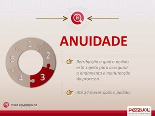 ANUIDADE
Retribuição a qual o pedido
está sujeito para assegurar
o andamento e manutenção
do processo.
Até 24 meses após o pedido.
ETAPA REMUNERADA

 
