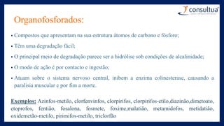 Organofosforados:
• Compostos que apresentam na sua estrutura átomos de carbono e fósforo;
• Têm uma degradação fácil;
• O principal meio de degradação parece ser a hidrólise sob condições de alcalinidade;
• O modo de ação é por contacto e ingestão;
• Atuam sobre o sistema nervoso central, inibem a enzima colinesterase, causando a
paralisia muscular e por fim a morte.
Exemplos: Azinfos-metilo, clorfenvinfos, clorpirifos, clorpirifos-etilo,diazinão,dimetoato,
etoprofos, fentião, fosalona, fosmete, foxime,malatião, metamidofos, metidatião,
oxidemetão-metilo, pirimifos-metilo, triclorfão
 