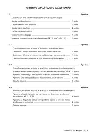critérios ESPECÍFICOS de classificação
1.  .....................................................................................................................................................	

7 pontos

A classificação deve ser atribuída de acordo com as seguintes etapas:
Calcular o volume do cubo ....................................................................................... 	 1 pontos
Calcular o raio da base do cilindro ........................................................................... 	 1 pontos
Calcular a área do círculo ........................................................................................ 	 2 pontos
Calcular o volume do cilindro ................................................................................... 	 1 pontos
Calcular o volume da peça ....................................................................................... 	 1 pontos
Apresentar o resultado arredondado às unidades (84 198

mm3 ou 84 198) ......... 	 1 pontos

2.1.  ..................................................................................................................................................	

3 pontos

A classificação deve ser atribuída de acordo com as seguintes etapas:
Determinar o número de almoços servidos em janeiro, abril e maio .................... 	 1 pontos
Determinar a diferença entre o número total de almoços e a soma obtida .......... 	 1 pontos
Determinar o número de almoços servidos em fevereiro

(219 almoços ou 219)..... 	 1 pontos

2.2.  ..................................................................................................................................................	

3 pontos

A classificação deve ser atribuída de acordo com os seguintes níveis de desempenho:
Apresenta uma estratégia adequada e completa, e responde corretamente (80%).. 	 3 pontos
Apresenta uma estratégia adequada mas incompleta, e responde corretamente... 	 2 pontos
Apresenta uma estratégia adequada mas incompleta, e não responde ............... 	 1 pontos
Dá outra resposta .................................................................................................. 	 0 pontos	

2.3.  ..................................................................................................................................................	

4 pontos

A classificação deve ser atribuída de acordo com os seguintes níveis de desempenho:
Apresenta a frequência relativa correspondente aos dois meses, arredondada
às centésimas (0,19; 0,21) ................................................................................ 	 4 pontos
Apresenta a frequência relativa correspondente apenas a um dos meses,
arredondada às centésimas .................................................................................. 	 2 pontos
Dá outra resposta .................................................................................................. 	 0 pontos	

Prova 62/2.ª Ch. • Página C/5/ 9

 