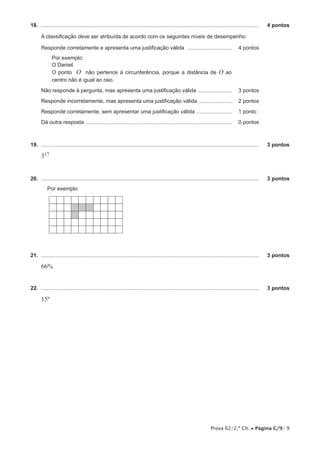 18.  ...................................................................................................................................................	

4 pontos

A classificação deve ser atribuída de acordo com os seguintes níveis de desempenho:
Responde corretamente e apresenta uma justificação válida ............................... 	 4 pontos
Por exemplo:
O Daniel.
O ponto O não pertence à circunferência, porque a distância de
centro não é igual ao raio.

O ao

Não responde à pergunta, mas apresenta uma justificação válida ........................ 	 3 pontos
Responde incorretamente, mas apresenta uma justificação válida ....................... 	 2 pontos
Responde corretamente, sem apresentar uma justificação válida ......................... 	 1 pontos
Dá outra resposta ................................................................................................... 	 0 pontos

19.  ...................................................................................................................................................	

3 pontos

317
20.  ...................................................................................................................................................	

3 pontos

Por exemplo:

21.  ...................................................................................................................................................	

3 pontos

66%
22.  ...................................................................................................................................................	

3 pontos

15º

Prova 62/2.ª Ch. • Página C/9/ 9

 