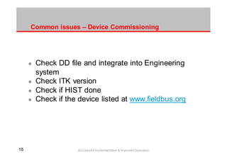 1515 Successful Implementation & Improved Operation
Common issues – Device Commissioning
Check DD file and integrate into Engineering
system
Check ITK version
Check if HIST done
Check if the device listed at www.fieldbus.org
 