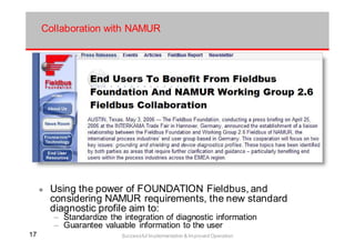 1717 Successful Implementation & Improved Operation
Collaboration with NAMUR
Using the power of FOUNDATION Fieldbus, and
considering NAMUR requirements, the new standard
diagnostic profile aim to:
– Standardize the integration of diagnostic information
– Guarantee valuable information to the user
 