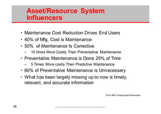 2626 Successful Implementation & Improved Operation
Asset/Resource System
Influencers
• Maintenance Cost Reduction Drives End Users
• 40% of Mfg. Cost is Maintenance
• 50% of Maintenance Is Corrective
– 10 times More Costly Than Preventative Maintenance
• Preventative Maintenance is Done 25% of Time
– 5 Times More costly Than Predictive Maintenance
• 60% of Preventative Maintenance is Unnecessary
• What has been largely missing up to now is timely,
relevant, and accurate information
From ARC IndependentResearch
 