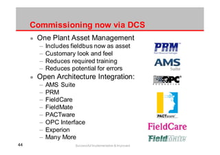 4444 Successful Implementation & Improved Operation
One Plant Asset Management
– Includes fieldbus now as asset
– Customary look and feel
– Reduces required training
– Reduces potential for errors
Open Architecture Integration:
– AMS Suite
– PRM
– FieldCare
– FieldMate
– PACTware
– OPC Interface
– Experion
– Many More
Commissioning now via DCS
 