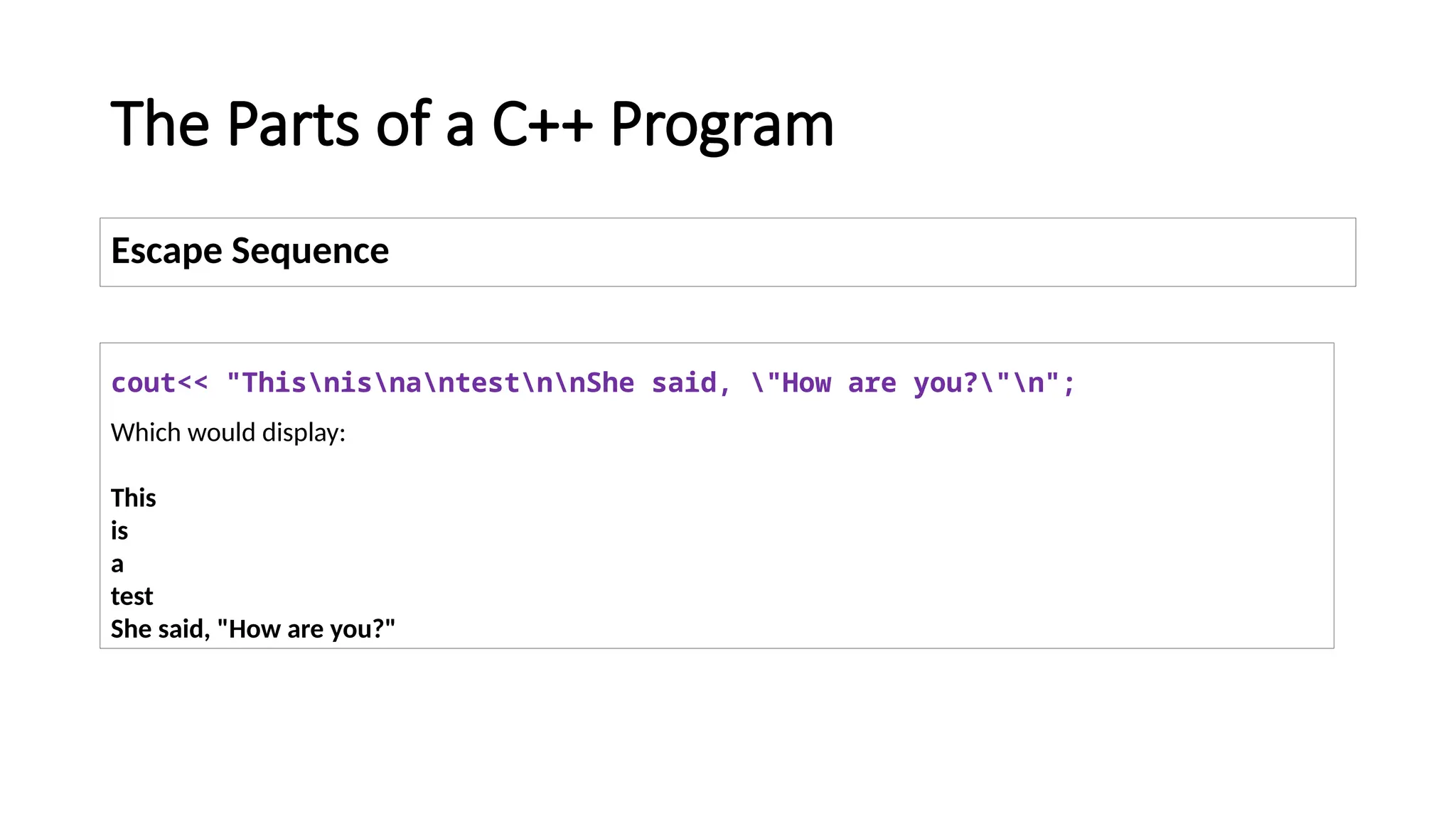 The Parts of a C++ Program
Escape Sequence
cout<< "ThisnisnantestnnShe said, "How are you?"n";
Which would display:
This
is
a
test
She said, "How are you?"
 