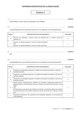 Prova 42/1.ª F. | CC • Página 4/ 9
CRITÉRIOS ESPECÍFICOS DE CLASSIFICAÇÃO
Caderno 1
1.  .....................................................................................................................................................	 3 pontos
Quatrocentas e vinte e sete mil seiscentas e oito unidades.
2.  .....................................................................................................................................................	 4 pontos
A classificação deve ser atribuída de acordo com os seguintes níveis de desempenho.
Níveis Descritores de níveis de desempenho Pontuação
2
Escreve, nas etiquetas, o número correto de palhinhas (6) e o número correto de
bolinhas (3).
4
1
Escreve, na respetiva etiqueta, o número correto de palhinhas.
OU
Escreve, na respetiva etiqueta, o número correto de bolinhas.
2
3.  .....................................................................................................................................................	 4 pontos
425
4.  .....................................................................................................................................................	 5 pontos
A classificação deve ser atribuída de acordo com os seguintes níveis de desempenho.
Níveis Descritores de níveis de desempenho Pontuação
5
Apresenta uma estratégia adequada e completa de resolução do problema e responde
corretamente (242).
5
4
Apresenta uma estratégia adequada e completa de resolução do problema, mas não dá
qualquer resposta.
4
3
Apresenta uma estratégia adequada e completa de resolução do problema, mas dá uma
resposta incorreta.
3
2
Revela alguma compreensão do problema, por exemplo, evidenciando determinar a
diferença entre o número total de cromos e o número de cromos que a Rita tem a mais
(484).
OU
Revela alguma compreensão do problema, por exemplo, evidenciando determinar metade
do número total de cromos (269) e metade do número de cromos que a Rita tem a mais
(27).
2
1
Responde corretamente, sem apresentar uma explicação adequada, ou sem apresentar
uma explicação.
1
 
