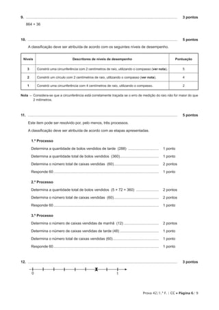 Prova 42/1.ª F. | CC • Página 6/ 9
9.  .....................................................................................................................................................	 3 pontos
864 + 36
10.  ...................................................................................................................................................	 5 pontos
A classificação deve ser atribuída de acordo com os seguintes níveis de desempenho.
Níveis Descritores de níveis de desempenho Pontuação
3 Constrói uma circunferência com 2 centímetros de raio, utilizando o compasso (ver nota). 5
2 Constrói um círculo com 2 centímetros de raio, utilizando o compasso (ver nota). 4
1 Constrói uma circunferência com 4 centímetros de raio, utilizando o compasso. 2
Nota  – Considera-se que a circunferência está corretamente traçada se o erro de medição do raio não for maior do que
2 milímetros.
11.  ...................................................................................................................................................	 5 pontos
Este item pode ser resolvido por, pelo menos, três processos.
A classificação deve ser atribuída de acordo com as etapas apresentadas.
1.º Processo
Determina a quantidade de bolos vendidos de tarde (288) ............................... 	 1 pontos
Determina a quantidade total de bolos vendidos (360)....................................... 	 1 pontos
Determina o número total de caixas vendidas (60)............................................. 	 2 pontos
Responde 60........................................................................................................ 	 1 pontos
2.º Processo
Determina a quantidade total de bolos vendidos (5 × 72 = 360) ....................... 	 2 pontos
Determina o número total de caixas vendidas (60)............................................. 	 2 pontos
Responde 60........................................................................................................ 	 1 pontos
3.º Processo
Determina o número de caixas vendidas de manhã (12) .................................. 	 2 pontos
Determina o número de caixas vendidas de tarde (48)....................................... 	 1 pontos
Determina o número total de caixas vendidas (60).............................................. 	 1 pontos
Responde 60........................................................................................................ 	 1 pontos
12.  ...................................................................................................................................................	 3 pontos
0 1
X
 