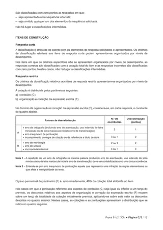 Prova 91/2.ª Ch. • Página C/3/ 12
São classificadas com zero pontos as respostas em que:
– seja apresentada uma sequência incorreta;
– seja omitido qualquer um dos elementos da sequência solicitada.
Não há lugar a classificações intermédias.
Itens de CONSTRUÇÃO
Resposta curta
A classificação é atribuída de acordo com os elementos de resposta solicitados e apresentados. Os critérios
de classificação relativos aos itens de resposta curta podem apresentar-se organizados por níveis de
desempenho.
Nos itens em que os critérios específicos não se apresentem organizados por níveis de desempenho, as
respostas corretas são classificadas com a cotação total do item e as respostas incorretas são classificadas
com zero pontos. Nestes casos, não há lugar a classificações intermédias.
Resposta restrita
Os critérios de classificação relativos aos itens de resposta restrita apresentam-se organizados por níveis de
desempenho.
A cotação é distribuída pelos parâmetros seguintes:
a) conteúdo (C);
b) organização e correção da expressão escrita (F).
No domínio da organização e correção da expressão escrita (F), considera-se, em cada resposta, o constante
do quadro abaixo.
Fatores de desvalorização
N.º de
ocorrências
Desvalorização
(pontos)
A
•• erro de ortografia (incluindo erro de acentuação, uso indevido de letra
minúscula ou de letra maiúscula inicial e erro de transli­neação)
•• erro inequívoco de pontuação
•• incumprimento de regra de citação ou de referência a título de obra
2 1
3 ou + 2
B
•• erro de morfologia
•• erro de sintaxe
•• impropriedade lexical
2 ou 3 2
4 ou + 4
Nota 1 – A repetição de um erro de ortografia na mesma palavra (incluindo erro de acentuação, uso indevido de letra
minúscula ou de letra maiúscula inicial e erro de translineação) deve ser contabilizada como uma única ocorrência.
Nota 2 – Entende-se por erro inequívoco de pontuação aquele que representa uma infração de regras elementares ou
que afeta a inteligibilidade do texto.
O peso percentual do parâmetro (F) é, aproximadamente, 40% da cotação total atribuída ao item.
Nos casos em que a pontuação referente aos aspetos de conteúdo (C) seja igual ou inferior a um terço do
previsto, os descontos relativos aos aspetos de organização e correção da expressão escrita (F) recaem
sobre um terço da totalidade da cotação inicialmente prevista, aplicando-se sobre este valor os descontos
descritos no quadro anterior. Nestes casos, as cotações e as pontuações apresentam a distribuição que se
indica no quadro seguinte.
 