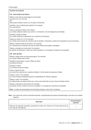 Prova 91/2.ª Ch. • Página C/9/ 12
(Continuação)
Cenários de resposta
9.A.  Auto da Barca do Inferno
Refere o local onde as personagens se encontram:
(a) junto a um rio / num cais.
OU
Barca (para o Diabo) e junto a um rio (para o Onzeneiro).
Identifica o que é referido pelo advérbio. Por exemplo:
(b) a vida terrena.
Indica a intenção do Diabo. Por exemplo:
(c) o Diabo pretende mostrar que, entre si e o Onzeneiro, há uma relação de proximidade.
Explicita a reação do Diabo:
(d) o Diabo finge ficar surpreendido com a demora do Onzeneiro.
Explica os versos 9 e 10. Por exemplo:
(e) o Diabo troça do facto de o dinheiro não ter ajudado o Onzeneiro a salvar-se da situação em que se encontra.
Refere o sentido da fala do Onzeneiro. Por exemplo:
(f) o Onzeneiro dá a entender que não lhe sobra dinheiro para pagar a passagem.
Explica a intenção de crítica social. Por exemplo:
(g) através do Onzeneiro, é feita uma crítica à ganância / à corrupção de costumes na sociedade.
9.B.  Auto da Índia
Refere a relação entre as duas personagens. Por exemplo:
(a) a Moça trabalha para a Ama.
Identifica a personagem a quem a Moça se refere:
(b) Marido (da Ama).
Explicita a notícia:
(c) o Marido (da Ama) já partiu.
Indica a reação da Ama:
(d) a Ama fica contente com a partida do Marido / a Ama decide recompensar a Moça.
Explica o verso 7. Por exemplo:
(e) a Ama expressa desagrado perante a possibilidade de o Marido regressar.
Refere o motivo. Por exemplo:
(f) a Moça finge que estava a falar com a cama, para dissimular as suas críticas à atitude da Ama.
Explica a intenção de crítica social. Por exemplo:
(g) através da Ama, é feita uma crítica ao adultério / à corrupção de costumes na sociedade.
Nota – A ordem de apresentação da informação proposta no item não é vinculativa.
Nota – Se o aluno não cumprir a extensão requerida, a classificação será sujeita a desvalorização, de acordo com a tabela
seguinte.
Descrição
Desvalorização
(pontos)
Afasta-se da extensão requerida, produzindo um texto com menos de 70 (mas mais de 22) ou
com mais de 120 palavras.
1
 