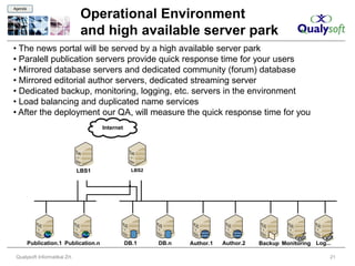 Agenda

                                Operational Environment
                                and high available server park
• The news portal will be served by a high available server park
• Paralell publication servers provide quick response time for your users
• Mirrored database servers and dedicated community (forum) database
• Mirrored editorial author servers, dedicated streaming server
• Dedicated backup, monitoring, logging, etc. servers in the environment
• Load balancing and duplicated name services
• After the deployment our QA, will measure the quick response time for you
                                       Internet




                               LBS1                 LBS2




         Publication.1 Publication.n              DB.1     DB.n   Author.1   Author.2   Backup Monitoring Log...

 Qualysoft Informatikai Zrt.                                                                                   21
 