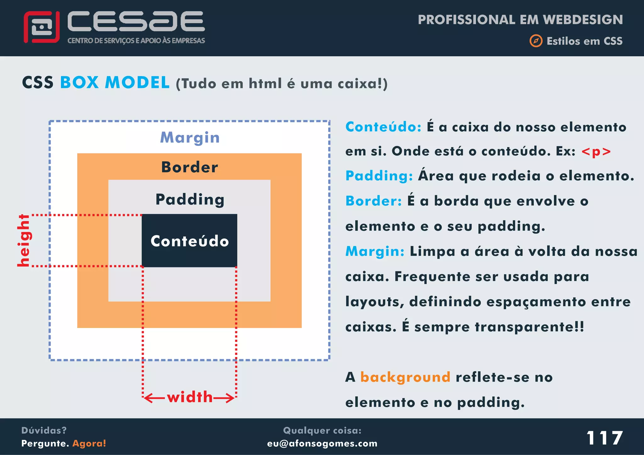 PROFISSIONAL EM WEBDESIGN
b Estilos em CSS
Qualquer coisa:
eu@afonsogomes.com
Dúvidas?
Pergunte. Agora! 117
CSS BOX MODEL (Tudo em html é uma caixa!)
Conteúdo
Padding
Border
Margin
width
Conteúdo:
Padding:
Border:
Margin:
É a caixa do nosso elemento
em si. Onde está o conteúdo. Ex:
Área que rodeia o elemento.
É a borda que envolve o
elemento e o seu padding.
Limpa a área à volta da nossa
caixa. Frequente ser usada para
layouts, definindo espaçamento entre
caixas. É sempre transparente!!
A reflete-se no
elemento e no padding.
<p>
background
height
 