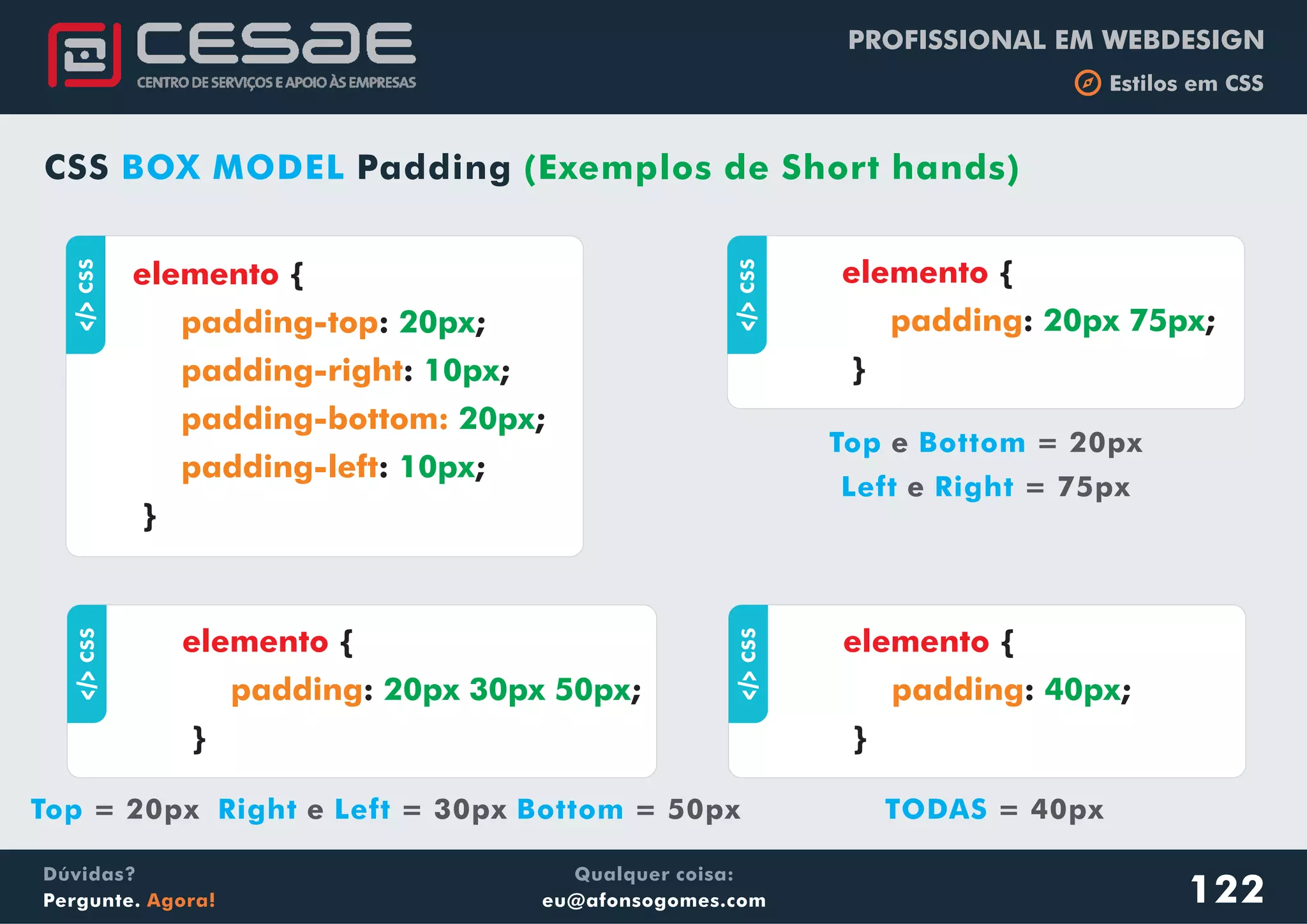 PROFISSIONAL EM WEBDESIGN
b Estilos em CSS
Qualquer coisa:
eu@afonsogomes.com
Dúvidas?
Pergunte. Agora! 122
CSS BOX MODEL Padding (Exemplos de Short hands)
aCSS
{
: ;
: ;
;
: ;
}
elemento
padding-top
padding-right
padding-bottom:
padding-left
20px
10px
20px
10px
aCSS
{
: ;
}
elemento
padding 20px 75px
aCSS
{
: ;
}
elemento
padding 20px 30px 50px
aCSS
{
: ;
}
elemento
padding 40px
Top Bottome = 20px
Left Righte = 75px
TODAS = 40pxTop Right Left Bottom= 20px e = 30px = 50px
 