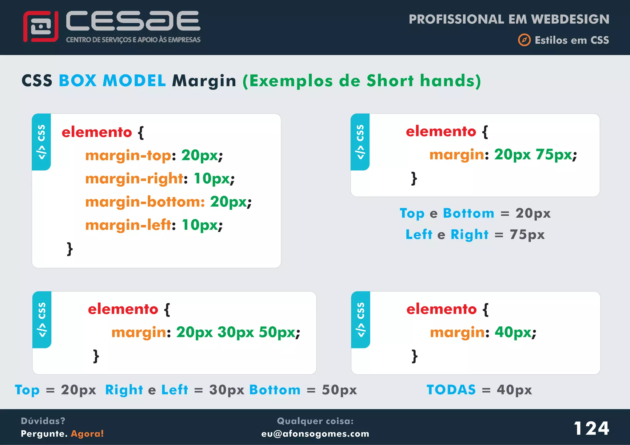 PROFISSIONAL EM WEBDESIGN
b Estilos em CSS
Qualquer coisa:
eu@afonsogomes.com
Dúvidas?
Pergunte. Agora! 124
CSS BOX MODEL Margin (Exemplos de Short hands)
aCSS
{
: ;
: ;
;
: ;
}
elemento
margin-top
margin-right
margin-bottom:
margin-left
20px
10px
20px
10px
aCSS
{
: ;
}
elemento
margin 20px 75px
aCSS
{
: ;
}
elemento
margin 20px 30px 50px
aCSS
{
: ;
}
elemento
margin 40px
Top Bottome = 20px
Left Righte = 75px
TODAS = 40pxTop Right Left Bottom= 20px e = 30px = 50px
 