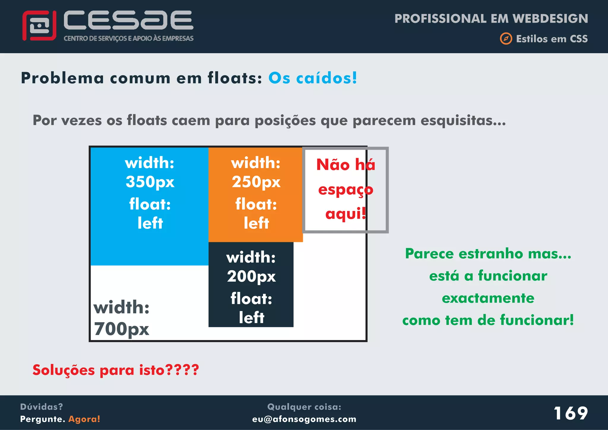 PROFISSIONAL EM WEBDESIGN
b Estilos em CSS
Qualquer coisa:
eu@afonsogomes.com
Dúvidas?
Pergunte. Agora!
Problema comum em floats: Os caídos!
Por vezes os floats caem para posições que parecem esquisitas...
width:
700px
width:
350px
width:
250px
float:
left
float:
left
Parece estranho mas...
está a funcionar
exactamente
como tem de funcionar!
Não há
espaço
aqui!
width:
200px
float:
left
Soluções para isto????
169
 