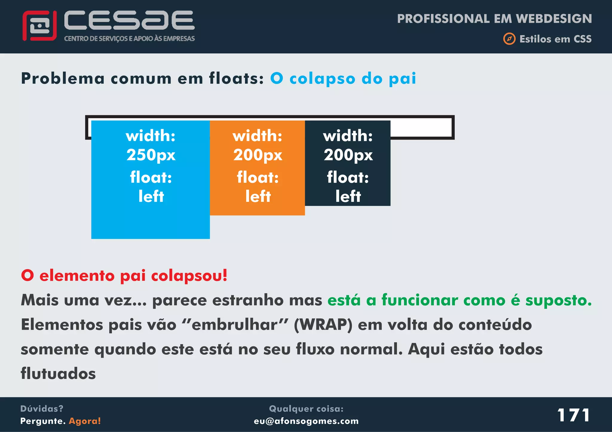 PROFISSIONAL EM WEBDESIGN
b Estilos em CSS
Qualquer coisa:
eu@afonsogomes.com
Dúvidas?
Pergunte. Agora!
Problema comum em floats: O colapso do pai
width:
250px
width:
200px
width:
200px
float:
left
float:
left
float:
left
O elemento pai colapsou!
Mais uma vez... parece estranho mas
Elementos pais vão ‘’embrulhar’’ (WRAP) em volta do conteúdo
somente quando este está no seu fluxo normal. Aqui estão todos
flutuados
está a funcionar como é suposto.
171
 