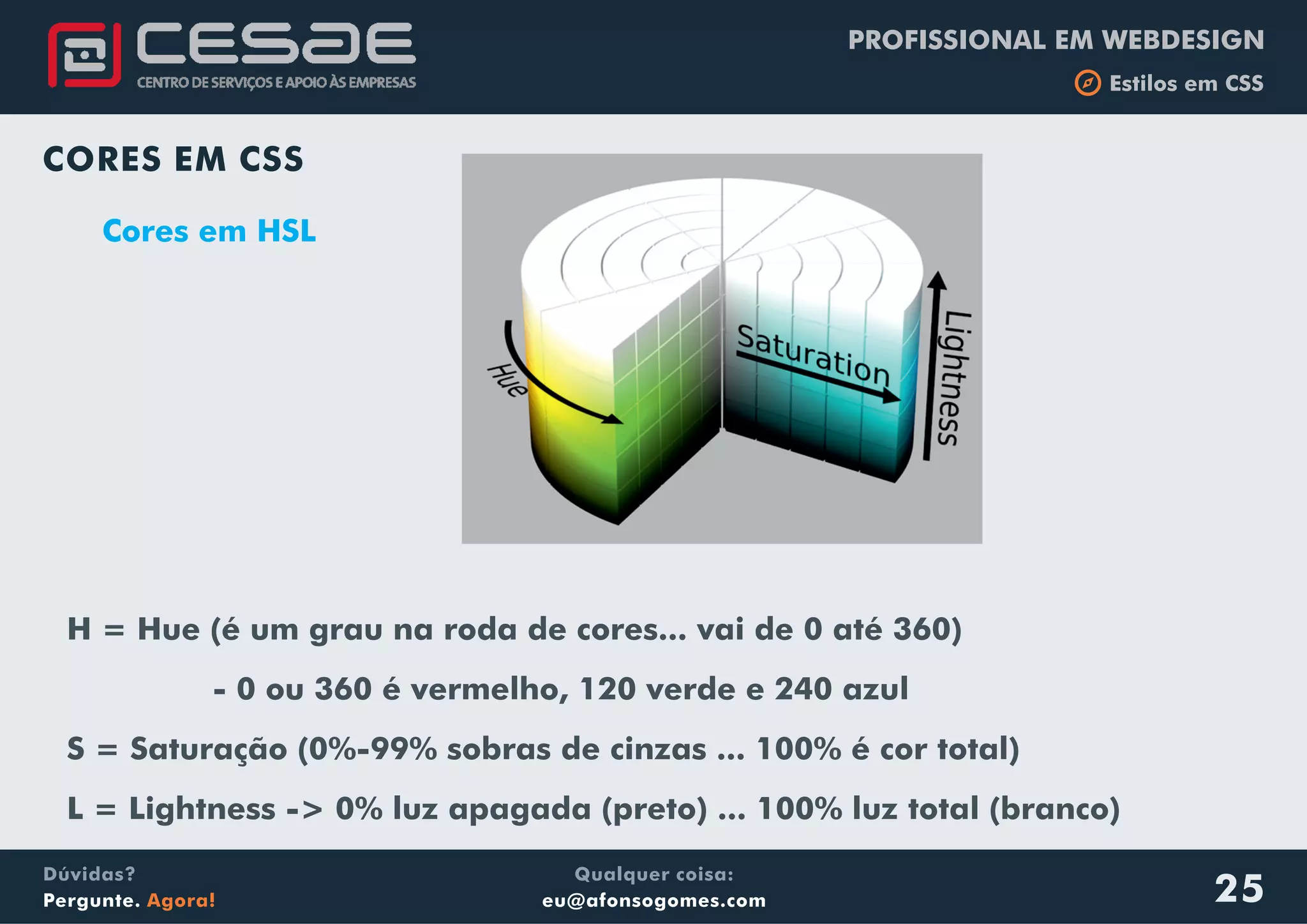 PROFISSIONAL EM WEBDESIGN
b Estilos em CSS
Qualquer coisa:
eu@afonsogomes.com
Dúvidas?
Pergunte. Agora!
CORES EM CSS
Cores em HSL
H = Hue (é um grau na roda de cores... vai de 0 até 360)
- 0 ou 360 é vermelho, 120 verde e 240 azul
S = Saturação (0%-99% sobras de cinzas ... 100% é cor total)
L = Lightness -> 0% luz apagada (preto) ... 100% luz total (branco)
25
 