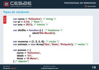 Qualquer coisa:
eu@afonsogomes.com
Dúvidas?
Pergunte. Agora!
PROFISSIONAL EM WEBDESIGN
b Javascript
10
Tipos de variáveis
aJS
var
var
var
var function
var
var new
var
nome = ;
pi = ;
ano = ;
dizOla = () {
alert( );
}
numeros = [1, 2, 3, 4];
animais = Array( , , );
pessoa = {
nome = ,
idade = ,
titulo = ,
}
‘Felismino’
3.14
2013
‘Olá Mundo’
‘Cão’ ‘Gato’ ‘Piriquito’
‘Felismino’
‘31’
’O Maior’
/* string */
/* float */
/* inteiro */
/* booleano */
/* vector */
/* vector */
/* objecto*/
 