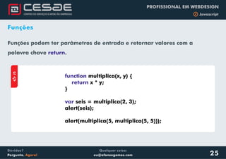Qualquer coisa:
eu@afonsogomes.com
Dúvidas?
Pergunte. Agora!
PROFISSIONAL EM WEBDESIGN
b Javascript
Funções
Funções podem ter parâmetros de entrada e retornar valores com a
palavra chave .return
aJS
function
return
var
multiplica(x, y) {
x * y;
}
seis = multiplica(2, 3);
alert(seis);
alert(multiplica(5, multiplica(5, 5)));
25
 
