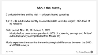 About the survey
Conducted online and by mail — address-based sampling
4,718 U.S. adults who identify as Jewish (3,836 Jews by religion; 882 Jews of
no religion)
Field period: Nov. 19, 2019-June 3, 2020
Mostly before coronavirus pandemic (86% of screening surveys and 74% of
extended surveys completed before March 15)
Mode experiment to examine the methodological differences between the 2013
and 2020 surveys
May 11, 2021
 