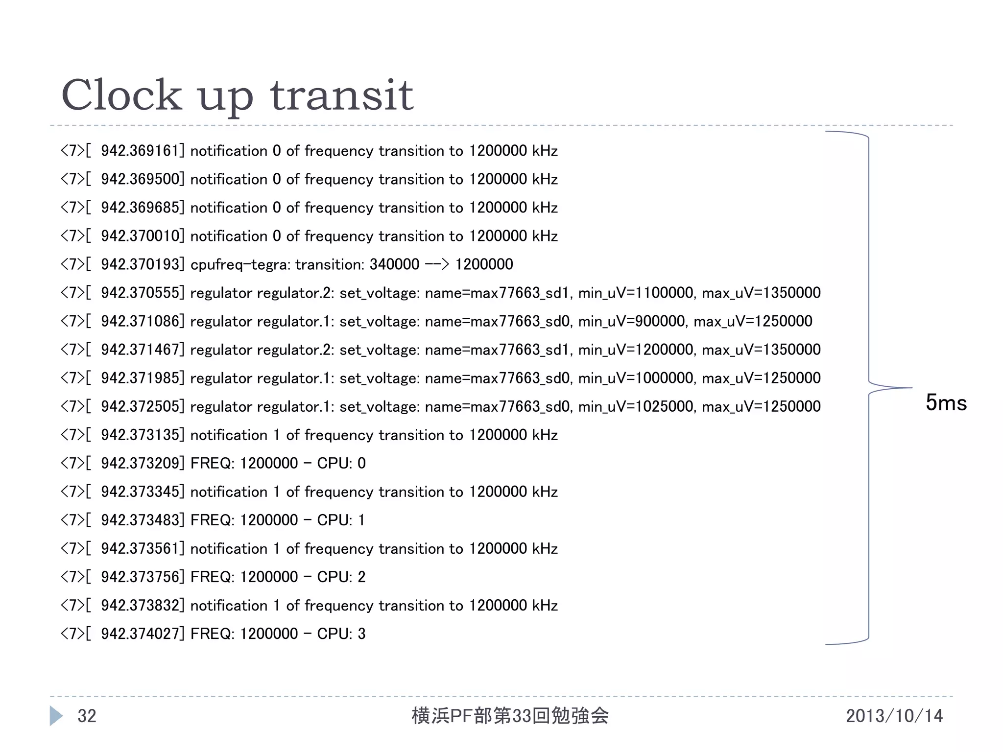 Clock up transit
<7>[ 942.369161] notification 0 of frequency transition to 1200000 kHz
<7>[ 942.369500] notification 0 of frequency transition to 1200000 kHz
<7>[ 942.369685] notification 0 of frequency transition to 1200000 kHz

<7>[ 942.370010] notification 0 of frequency transition to 1200000 kHz
<7>[ 942.370193] cpufreq-tegra: transition: 340000 --> 1200000
<7>[ 942.370555] regulator regulator.2: set_voltage: name=max77663_sd1, min_uV=1100000, max_uV=1350000
<7>[ 942.371086] regulator regulator.1: set_voltage: name=max77663_sd0, min_uV=900000, max_uV=1250000
<7>[ 942.371467] regulator regulator.2: set_voltage: name=max77663_sd1, min_uV=1200000, max_uV=1350000
<7>[ 942.371985] regulator regulator.1: set_voltage: name=max77663_sd0, min_uV=1000000, max_uV=1250000
<7>[ 942.372505] regulator regulator.1: set_voltage: name=max77663_sd0, min_uV=1025000, max_uV=1250000

5ms

<7>[ 942.373135] notification 1 of frequency transition to 1200000 kHz
<7>[ 942.373209] FREQ: 1200000 - CPU: 0
<7>[ 942.373345] notification 1 of frequency transition to 1200000 kHz
<7>[ 942.373483] FREQ: 1200000 - CPU: 1
<7>[ 942.373561] notification 1 of frequency transition to 1200000 kHz
<7>[ 942.373756] FREQ: 1200000 - CPU: 2

<7>[ 942.373832] notification 1 of frequency transition to 1200000 kHz
<7>[ 942.374027] FREQ: 1200000 - CPU: 3

32

横浜PF部第33回勉強会

2013/10/14

 