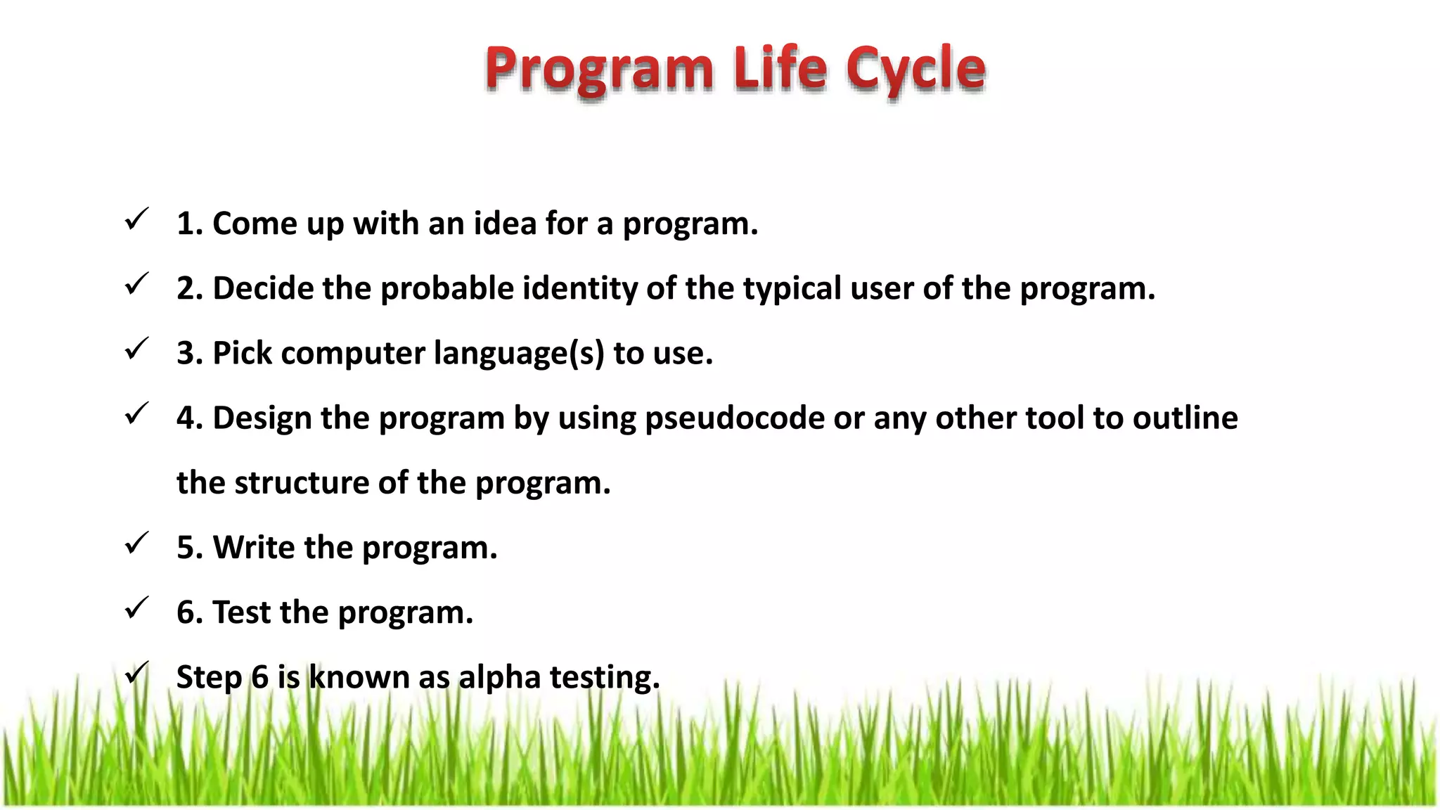  1. Come up with an idea for a program.  2. Decide the probable identity of the typical user of the program.  3. Pick computer language(s) to use.  4. Design the program by using pseudocode or any other tool to outline the structure of the program.  5. Write the program.  6. Test the program.  Step 6 is known as alpha testing. 