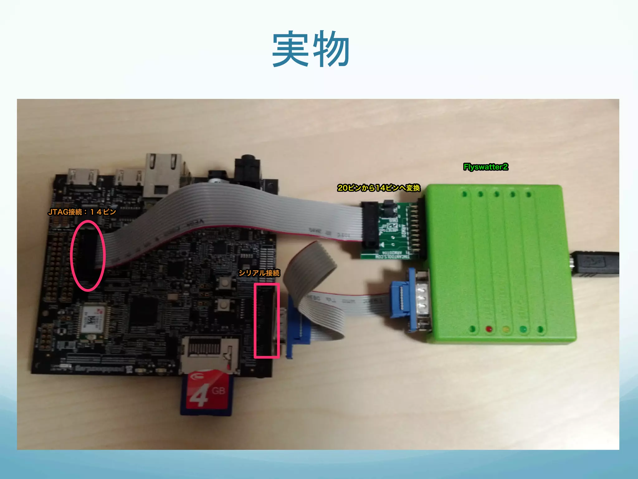 実物	

                                       Flyswatter2


                       20ピンから14ピンへ変換


JTAG接続：１４ピン




              シリアル接続
 