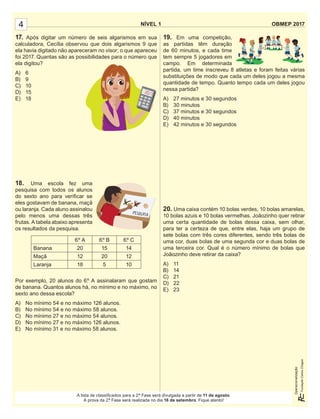 NÍVEL 1 OBMEP 2017
Operacionalização:
NÍVEL 1 OBMEP 2017
Operacionalização:
4
A lista de classiﬁcados para a 2.ª Fase será divulgada a partir de 11 de agosto.
A prova da 2.ª Fase será realizada no dia 16 de setembro. Fique atento!
19. Em uma competição,
as partidas têm duração
de 60 minutos, e cada time
tem sempre 5 jogadores em
campo. Em determinada
partida, um time inscreveu 8 atletas e foram feitas várias
substituições de modo que cada um deles jogou a mesma
quantidade de tempo. Quanto tempo cada um deles jogou
nessa partida?
A) 27 minutos e 30 segundos
B) 30 minutos
C) 37 minutos e 30 segundos
D) 40 minutos
E) 42 minutos e 30 segundos
20. Uma caixa contém 10 bolas verdes, 10 bolas amarelas,
10 bolas azuis e 10 bolas vermelhas. Joãozinho quer retirar
uma certa quantidade de bolas dessa caixa, sem olhar,
para ter a certeza de que, entre elas, haja um grupo de
sete bolas com três cores diferentes, sendo três bolas de
uma cor, duas bolas de uma segunda cor e duas bolas de
uma terceira cor. Qual é o número mínimo de bolas que
Joãozinho deve retirar da caixa?
A) 11
B) 14
C) 21
D) 22
E) 23
17. Após digitar um número de seis algarismos em sua
calculadora, Cecília observou que dois algarismos 9 que
ela havia digitado não apareceram no visor; o que apareceu
foi 2017. Quantas são as possibilidades para o número que
ela digitou?
A) 6
B) 9
C) 10
D) 15
E) 18
18. Uma escola fez uma
pesquisa com todos os alunos
do sexto ano para veriﬁcar se
eles gostavam de banana, maçã
ou laranja. Cada aluno assinalou
pelo menos uma dessas três
frutas. A tabela abaixo apresenta
os resultados da pesquisa.
6.º A 6.º B 6.º C
Banana 20 15 14
Maçã 12 20 12
Laranja 18 5 10
Por exemplo, 20 alunos do 6.º A assinalaram que gostam
de banana. Quantos alunos há, no mínimo e no máximo, no
sexto ano dessa escola?
A) No mínimo 54 e no máximo 126 alunos.
B) No mínimo 54 e no máximo 58 alunos.
C) No mínimo 27 e no máximo 54 alunos.
D) No mínimo 27 e no máximo 126 alunos.
E) No mínimo 31 e no máximo 58 alunos.
 