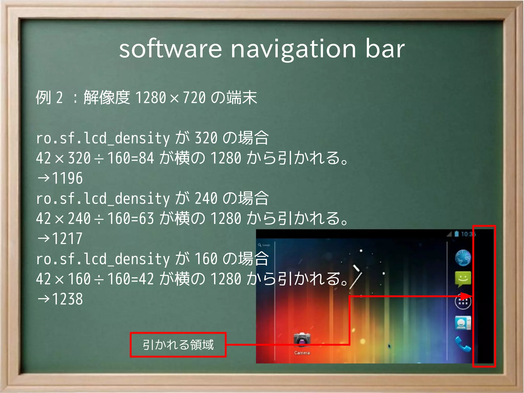 software navigation bar
例 2 ：解像度 1280×720 の端末

ro.sf.lcd_density が 320 の場合
42×320÷160=84 が横の 1280 から引かれる。
→1196
ro.sf.lcd_density が 240 の場合
42×240÷160=63 が横の 1280 から引かれる。
→1217
ro.sf.lcd_density が 160 の場合
42×160÷160=42 が横の 1280 から引かれる。
→1238

          引かれる領域
 