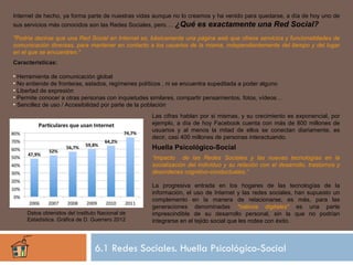 Internet de hecho, ya forma parte de nuestras vidas aunque no lo creamos y ha venido para quedarse, a día de hoy uno de
sus servicios más conocidos son las Redes Sociales, pero…. ¿Qué     es exactamente una Red Social?
"Podría decirse que una Red Social en Internet es, básicamente una página web que ofrece servicios y funcionalidades de
comunicación diversas, para mantener en contacto a los usuarios de la misma, independientemente del tiempo y del lugar
en el que se encuentren."
Características:

• Herramienta de comunicación global
• No entiende de fronteras, estados, regímenes políticos , ni se encuentra supeditada a poder alguno
• Libertad de expresión
• Permite conocer a otras personas con inquietudes similares, compartir pensamientos, fotos, vídeos…
• Sencillez de uso / Accesibilidad por parte de la población
                                                   Las cifras hablan por si mismas, y su crecimiento es exponencial, por
                                                   ejemplo, a día de hoy Facebook cuenta con más de 800 millones de
                                                   usuarios y al menos la mitad de ellos se conectan diariamente, es
                                                   decir, casi 400 millones de personas interactuando.
                                                   Huella Psicológico-Social
                                                   “Impacto de las Redes Sociales y las nuevas tecnologías en la
                                                   socialización del individuo y su relación con el desarrollo, trastornos y
                                                   desordenes cognitivo-conductuales.”

                                                   La progresiva entrada en los hogares de las tecnologías de la
                                                   información, el uso de Internet y las redes sociales, han supuesto un
                                                   complemento en la manera de relacionarse, es más, para las
                                                   generaciones denominadas "nativos digitales" es una parte
     Datos obtenidos del Instituto Nacional de     imprescindible de su desarrollo personal, sin la que no podrían
     Estadística. Gráfica de D. Guerrero 2012      integrarse en el tejido social que les rodea con éxito.



                                 6.1 Redes Sociales. Huella Psicológico-Social
 