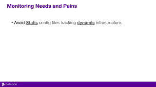 Monitoring Needs and Pains
• Avoid Static config files tracking dynamic infrastructure.
 