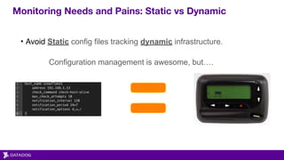 Monitoring Needs and Pains: Static vs Dynamic
• Avoid Static config files tracking dynamic infrastructure.
 
Configuration management is awesome, but….
 