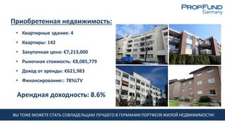 Приобретенная недвижимость:
• Квартирные здания: 4
• Квартиры: 142
• Закупочная цена: €7,213,000
• Рыночная стоимость: €8,085,779
• Доход от аренды: €621,983
• Финансирование:: 78%LTV
ВЫ ТОЖЕ МОЖЕТЕ СТАТЬ СОВЛАДЕЛЬЦАМ ЛУЧШЕГО В ГЕРМАНИИ ПОРТФЕЛЯ ЖИЛОЙ НЕДВИЖИМОСТИ!
Арендная доходность: 8.6%
 