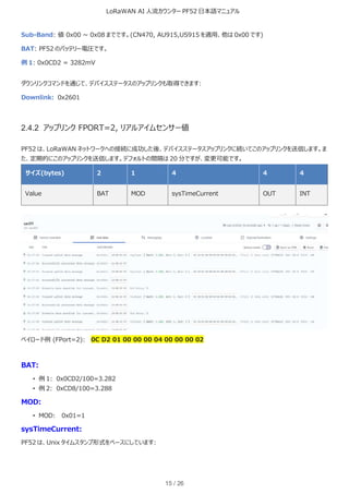 LoRaWAN AI 人流カウンター PF52 日本語マニュアル
15 / 26
Sub-Band: 値 0x00 ~ 0x08 までです。(CN470, AU915,US915 を適用、他は 0x00 です)
BAT: PF52 のバッテリー電圧です。
例 1: 0x0CD2 = 3282mV
ダウンリンクコマンドを通じて、デバイスステータスのアップリンクも取得できます:
Downlink: 0x2601
2.4.2 アップリンク FPORT=2, リアルアイムセンサー値
PF52 は、LoRaWAN ネットワークへの接続に成功した後、デバイスステータスアップリンクに続いてこのアップリンクを送信します。ま
た、定期的にこのアップリンクを送信します。デフォルトの間隔は 20 分ですが、変更可能です。
サイズ(bytes) 2 1 4 4 4
Value BAT MOD sysTimeCurrent OUT INT
ペイロード例 (FPort=2): 0C D2 01 00 00 00 04 00 00 00 02
BAT:
• 例 1: 0x0CD2/100=3.282
• 例 2: 0xCD8/100=3.288
MOD:
• MOD: 0x01=1
sysTimeCurrent:
PF52 は、Unix タイムスタンプ形式をベースにしています:
 