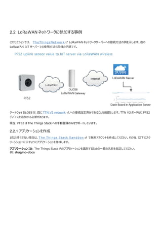 2.2 LoRaWAN ネットワークに参加する事例
このセクションでは、 TheThingsNetwork LoRaWAN ネットワークサーバーへの接続方法の例を示します。他の
LoRaWAN IoT サーバーでの使用方法も同様の手順です。
ゲートウェイ DLOS8 が、既に TTN V3 network .への接続設定済みであることを前提とします。TTN V3 ポータルに PF52
デバイスを追加する必要があります。
現在、PF52 は The Things Stack への手動登録のみをサポートしています。
2.2.1 アプリケーションを作成
まだお持ちでない場合は、The Things Stack Sandbox で無料アカウントを作成してください。その後、以下のスク
リーンショットに示すようにアプリケーションを作成します。
アプリケーション ID: The Things Stack 内でアプリケーションを識別するための一意の名前を指定してください。
例: dragino-docs
 