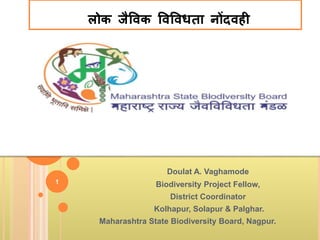 लोक जैविक विविधता नोंदिही
Doulat A. Vaghamode
Biodiversity Project Fellow,
District Coordinator
Kolhapur, Solapur & Palghar.
Maharashtra State Biodiversity Board, Nagpur.
1
 
