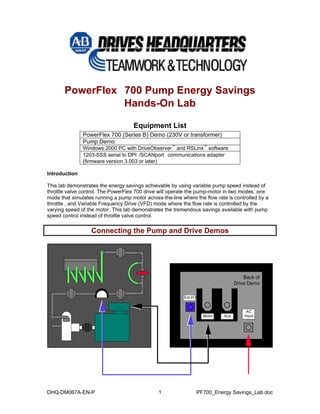 PowerFlex 700 Pump Energy Savings Hands-On Lab 
Equipment List 
PowerFlex 700 (Series B) Demo (230V or transformer) 
Pump Demo 
Windows 2000 PC with DriveObserver™ and RSLinx™ software 
1203-SSS serial to DPI /SCANport communications adapter (firmware version 3.003 or later) 
Introduction 
This lab demonstrates the energy savings achievable by using variable pump speed instead of throttle valve control. The PowerFlex 700 drive will operate the pump-motor in two modes: one mode that simulates running a pump motor across-the-line where the flow rate is controlled by a throttle , and Variable Frequency Drive (VFD) mode where the flow rate is controlled by the varying speed of the motor. This lab demonstrates the tremendous savings available with pump speed control instead of throttle valve control. 
Connecting the Pump and Drive Demos Back ofDrive DemoACInputExt.I/OMotorAux 
DHQ-DM067A-EN-P 1 PF700_Energy Savings_Lab.doc 
 